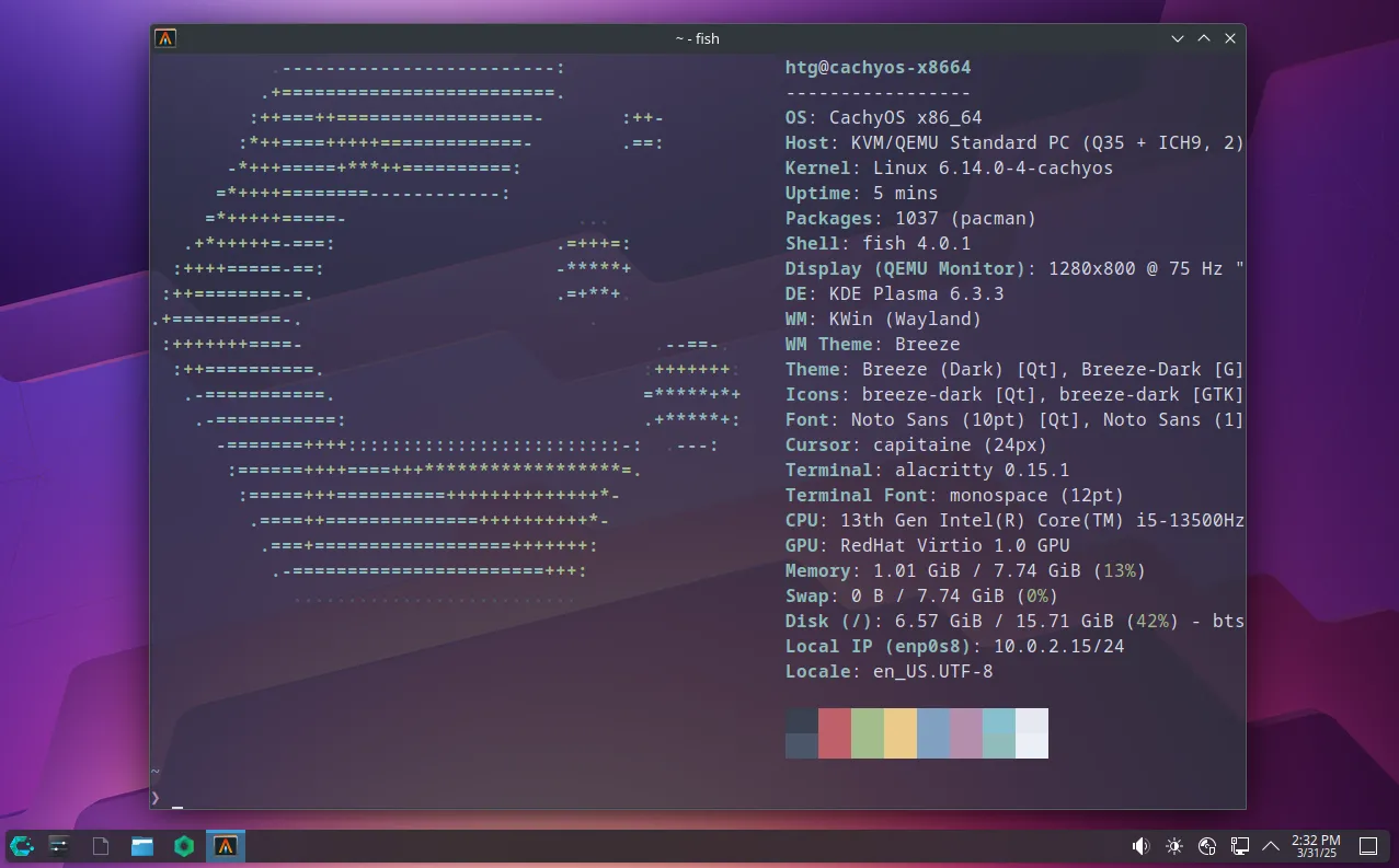 Màn hình desktop CachyOS với KDE Plasma và cửa sổ terminal Alacritty đang mở.