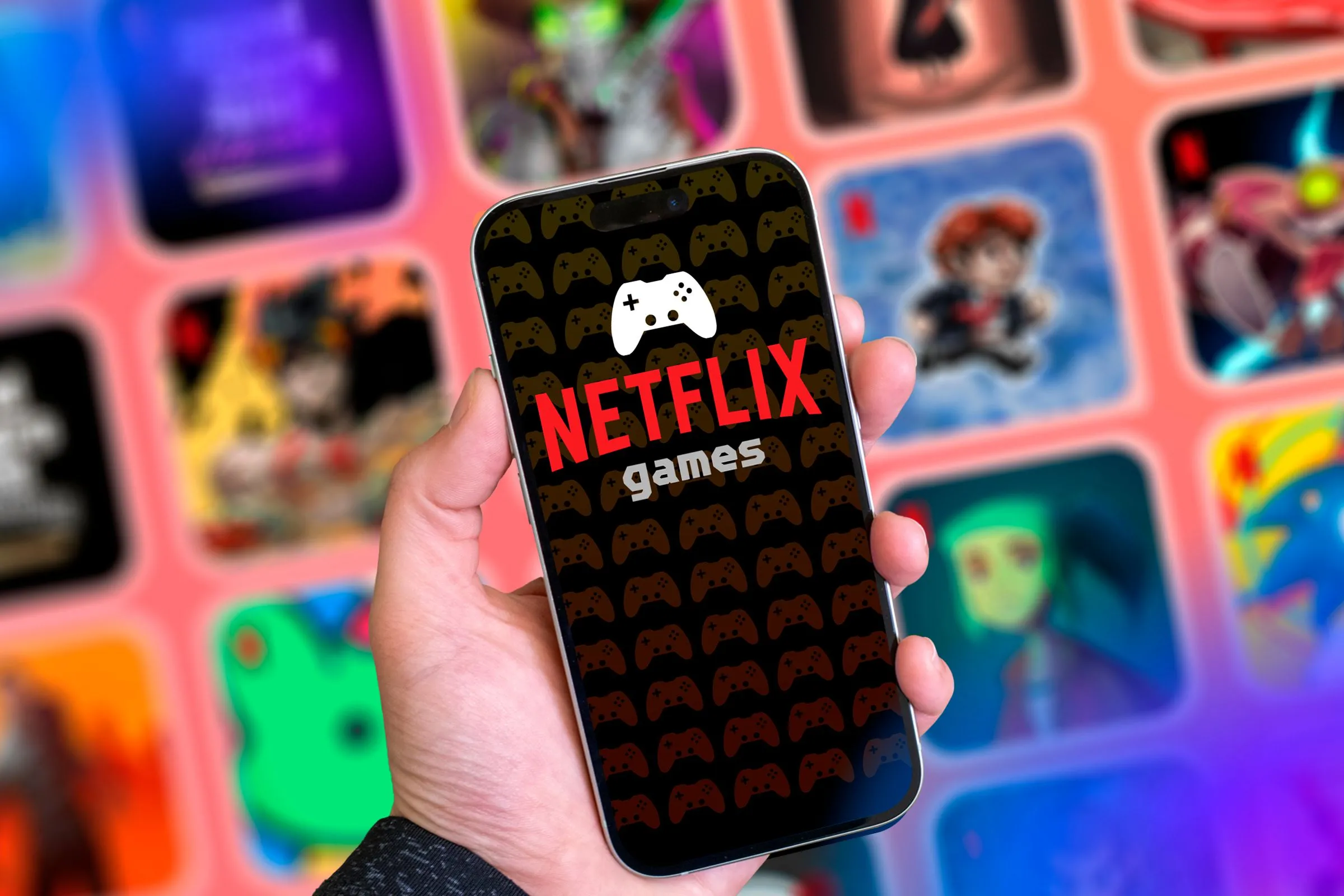 Màn hình điện thoại hiển thị giao diện Netflix Games với các tựa game nổi bật, thư viện game tích hợp gói đăng ký Netflix