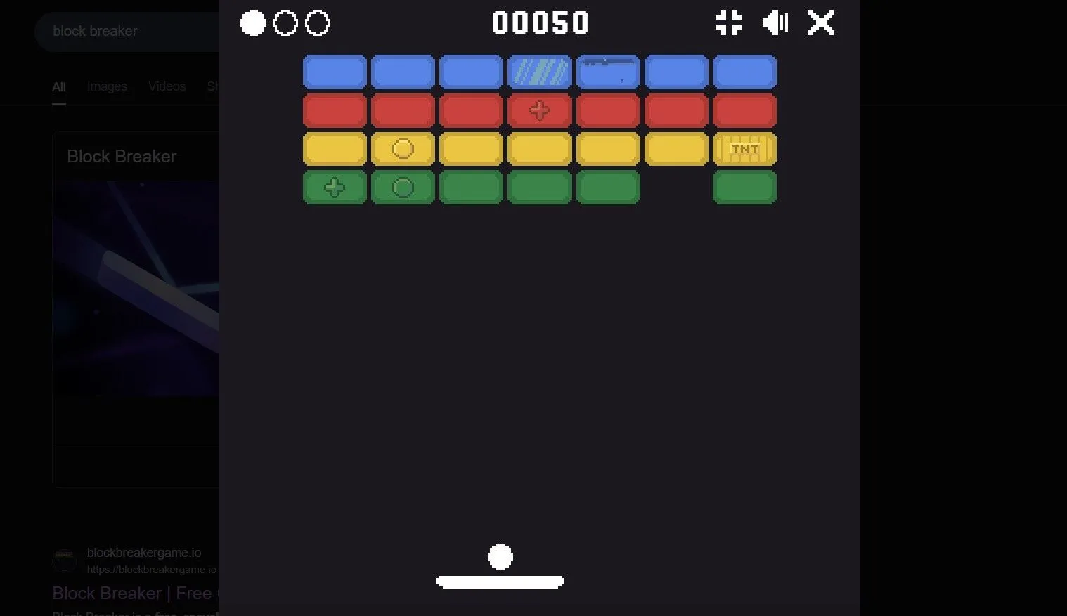 Màn hình game Block Breaker hiển thị khi tìm kiếm trên Google Search.