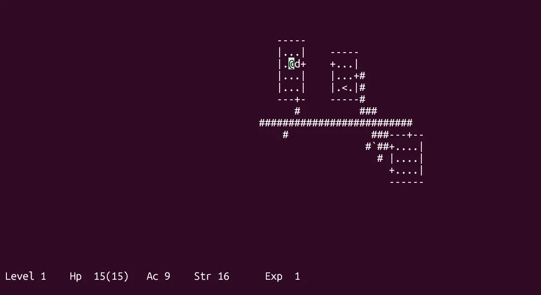 Màn hình game Hack BSD đang được chơi trên terminal, hiển thị bản đồ dungeon