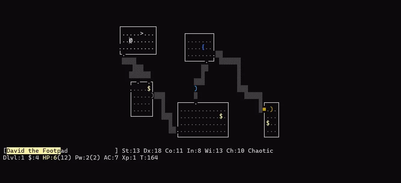 Màn hình gameplay của NetHack, một ví dụ điển hình của game roguelike sử dụng giao diện ký tự ASCII trên terminal