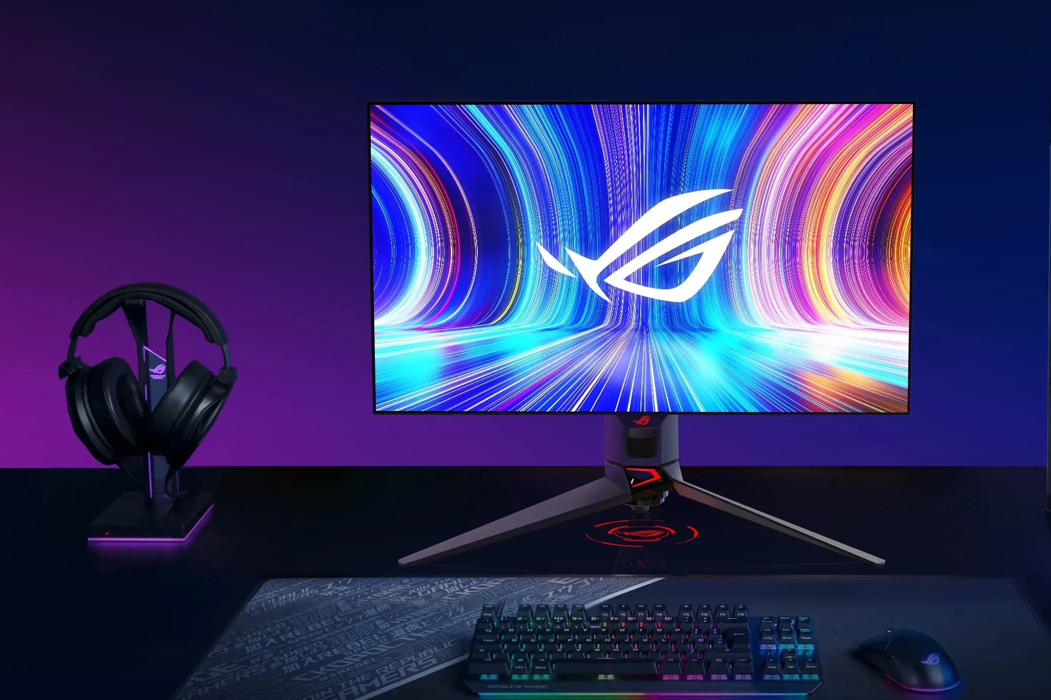 Màn hình gaming ASUS ROG Swift PG27AQDP đặt trên bàn làm việc, thể hiện thiết kế cao cấp và hiệu suất chơi game vượt trội.