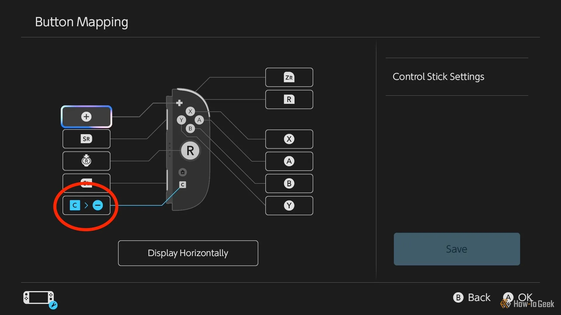 Màn hình gán nút của Joy-Con 2 bên phải với nút C được khoanh tròn.