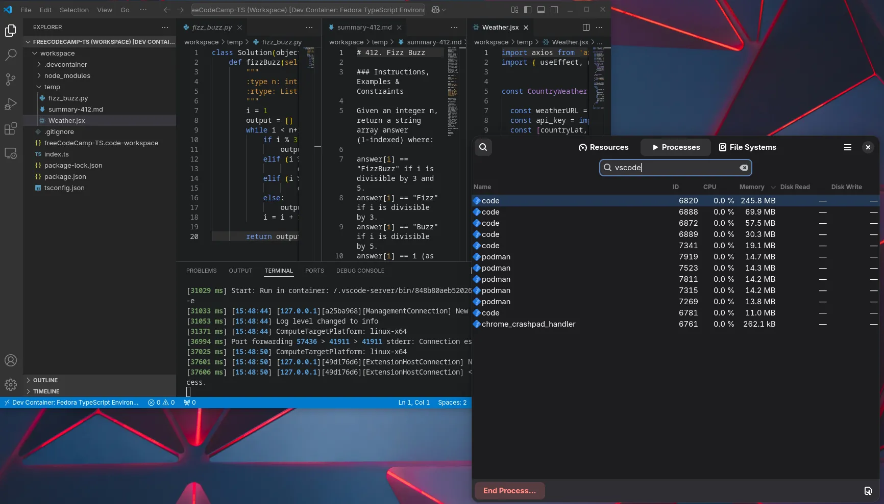 Màn hình giám sát hệ thống hiển thị mức sử dụng bộ nhớ thấp của Visual Studio Code, chứng minh tính nhẹ nhàng