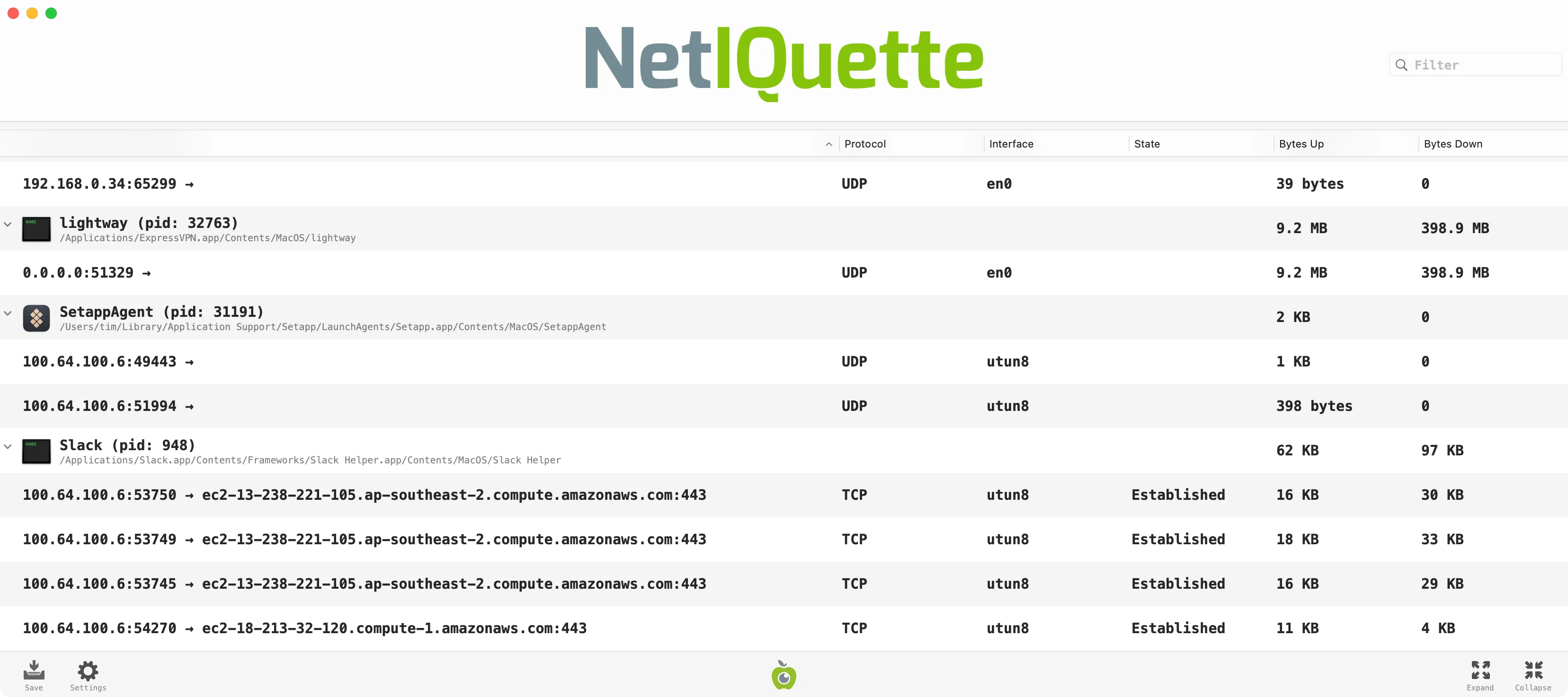 Màn hình giám sát lưu lượng mạng NetIQuette của LuLu, hiển thị các ứng dụng đang giao tiếp với máy chủ từ xa