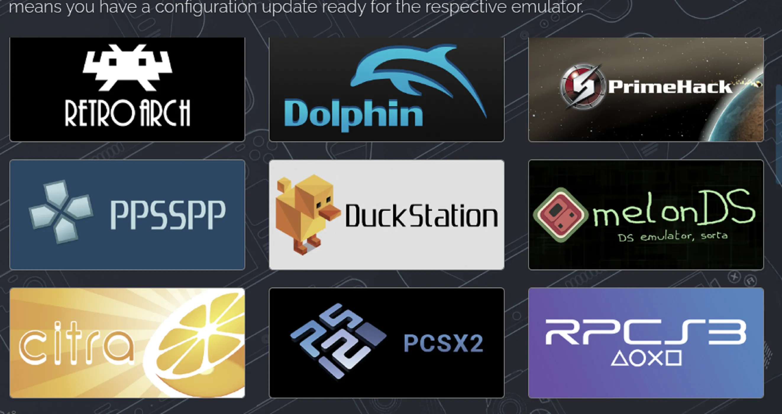 Màn hình giao diện EmuDeck trên Steam Deck hiển thị danh sách các trình giả lập game đã được cài đặt