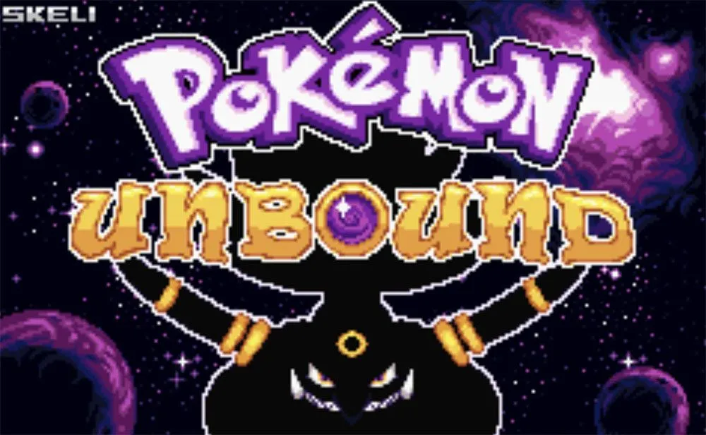 Màn hình giới thiệu của Pokémon Unbound, một bản ROM hack FireRed với thế giới và cốt truyện hoàn toàn mới.