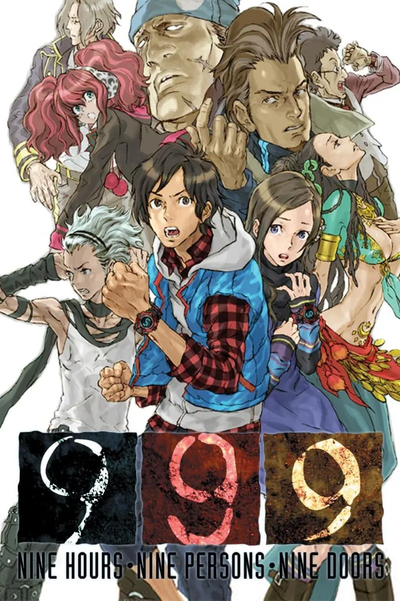 Màn hình giới thiệu game 999: Nine Hours, Nine Persons, Nine Doors với phong cách visual novel và yếu tố kinh dị