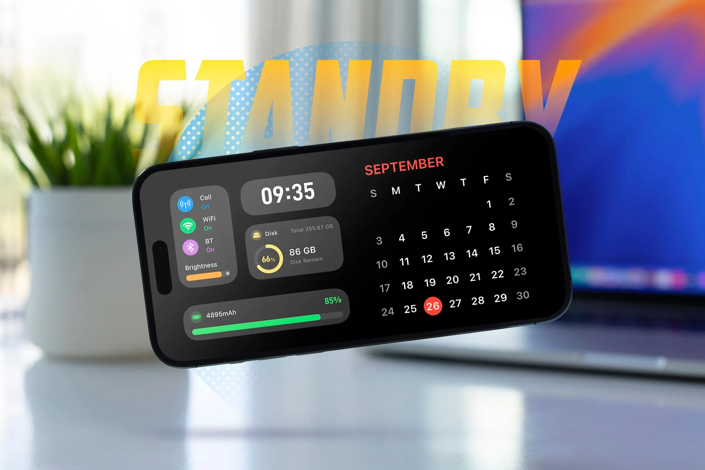 Màn hình iPhone hiển thị chế độ StandBy với đồng hồ và widget tiện ích