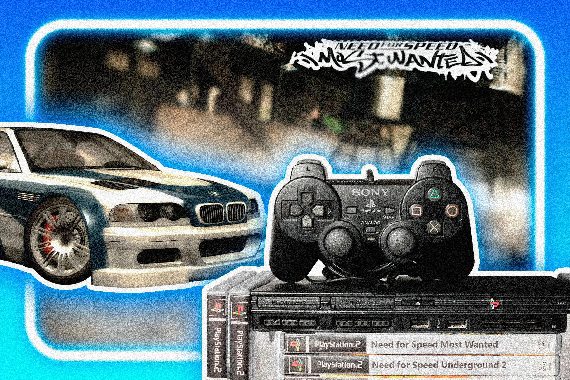 Màn hình khởi động của Need for Speed Most Wanted (2005) với hiệu ứng ánh sáng neon và tay cầm PlayStation 2, biểu tượng của kỷ nguyên game có hình phạt nghiêm khắc.