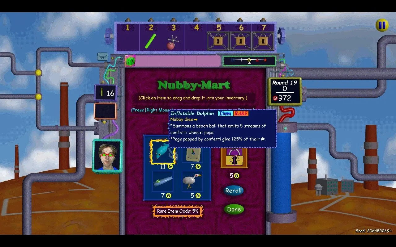 Màn hình lựa chọn vật phẩm và tăng sức mạnh trong game Nubby's Number Factory, yếu tố chiến thuật roguelike.