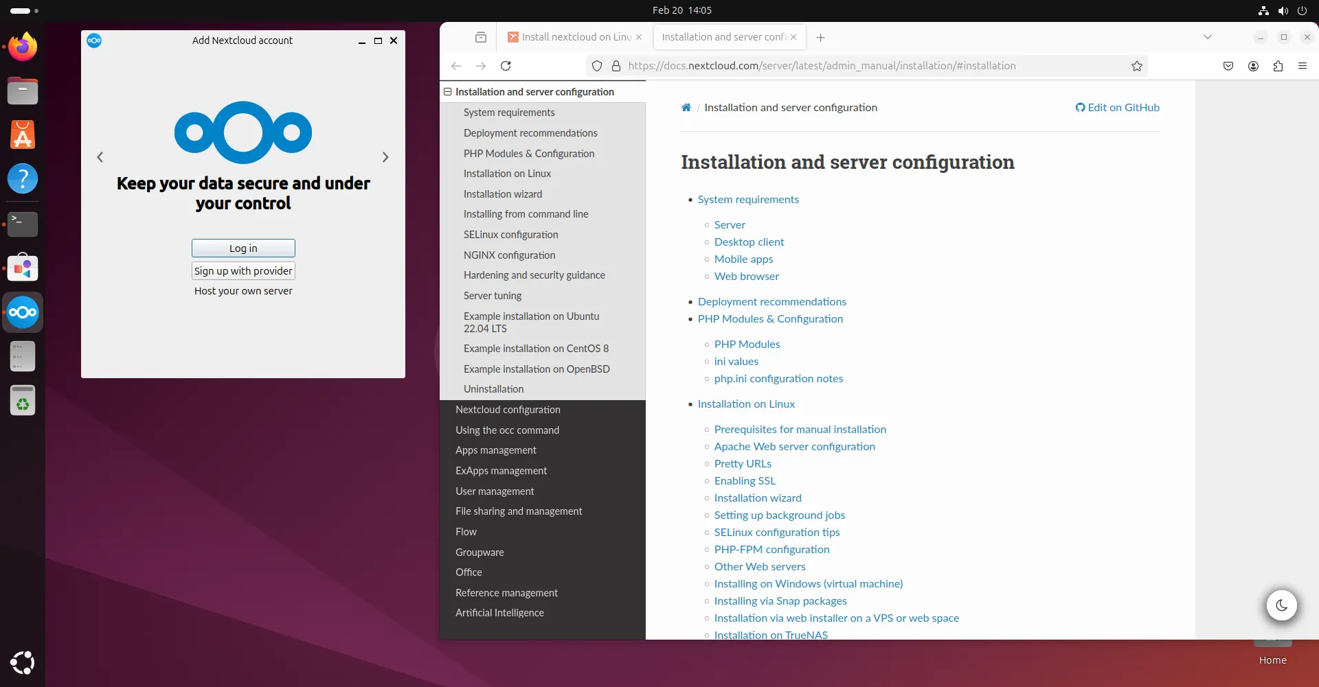 Màn hình máy tính Ubuntu hiển thị ứng dụng client Nextcloud cùng tài liệu hướng dẫn cài đặt.