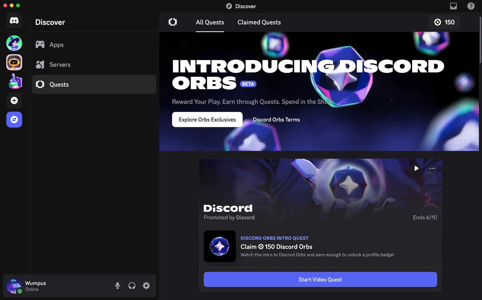 Màn hình Quests trên Discord hiển thị cách kiếm Discord Orbs và phần thưởng