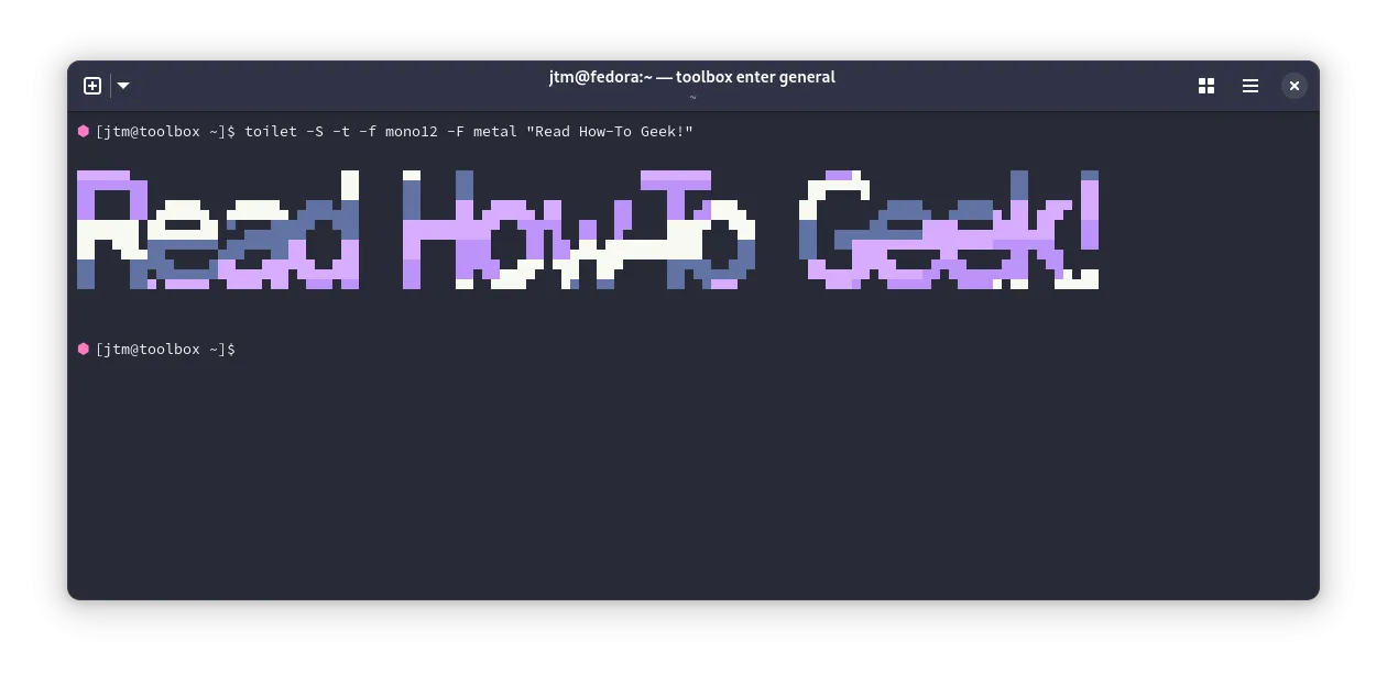 Màn hình terminal Linux hiển thị lệnh &quot;toilet&quot; với chữ &quot;Read How-To Geek&quot;