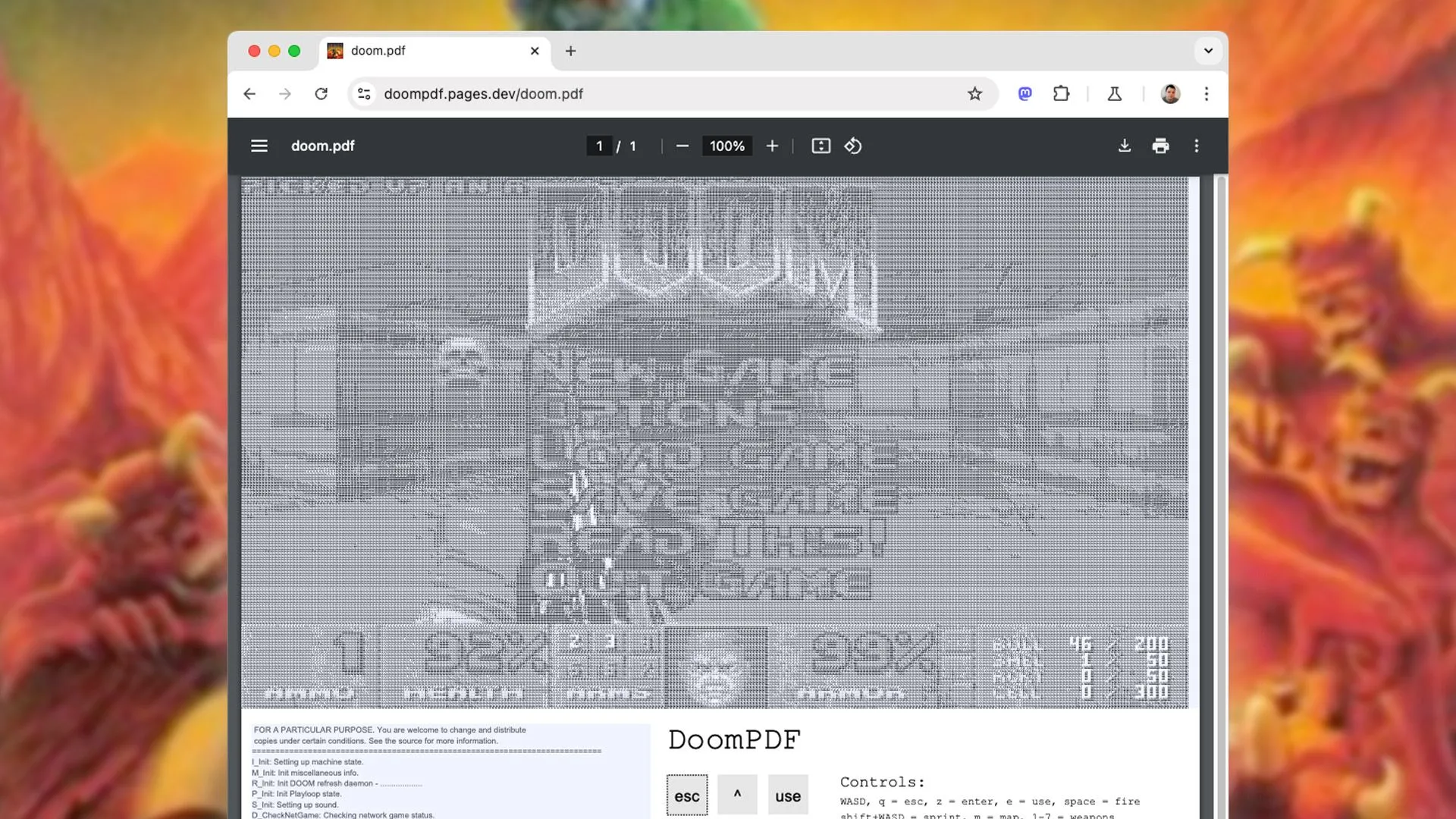 Màn hình trò chơi DOOM hiển thị trong một tài liệu PDF, minh họa khả năng chạy game trong PDF