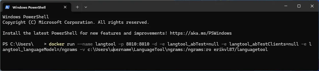 Màn hình ứng dụng Windows Terminal hiển thị câu lệnh chạy Docker image LanguageTool, minh chứng cho sự dễ dàng triển khai ứng dụng bằng Docker.