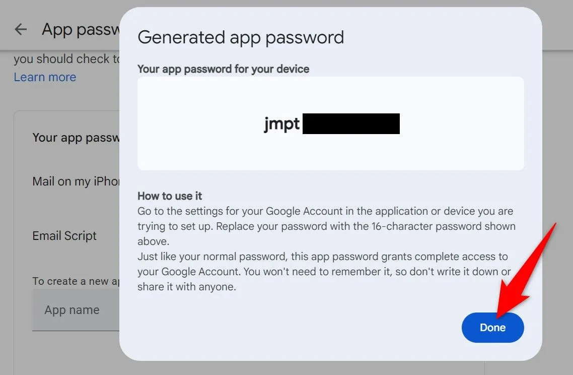 Mật khẩu ứng dụng Google được tạo