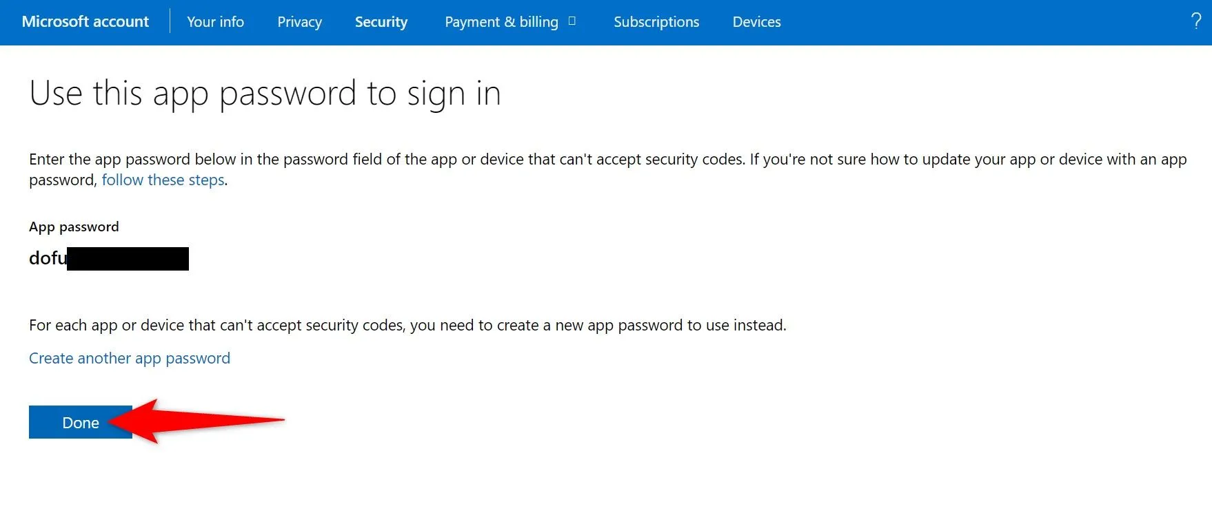 Mật khẩu ứng dụng Microsoft được tạo