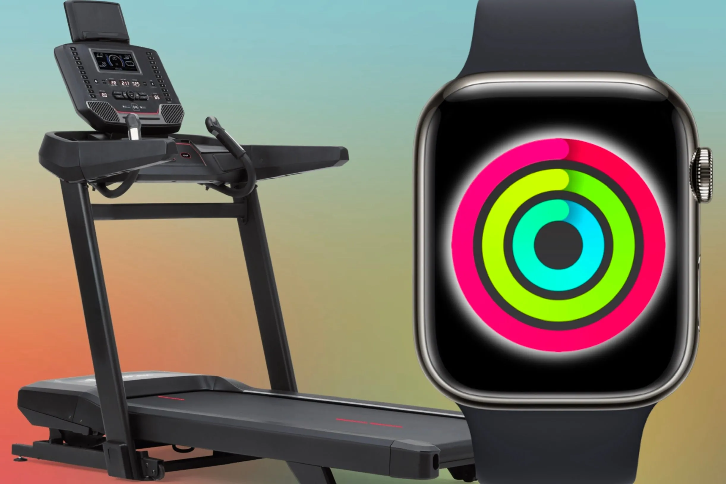 Máy chạy bộ tại nhà tương thích với Apple Watch hiển thị các vòng hoạt động đã đóng
