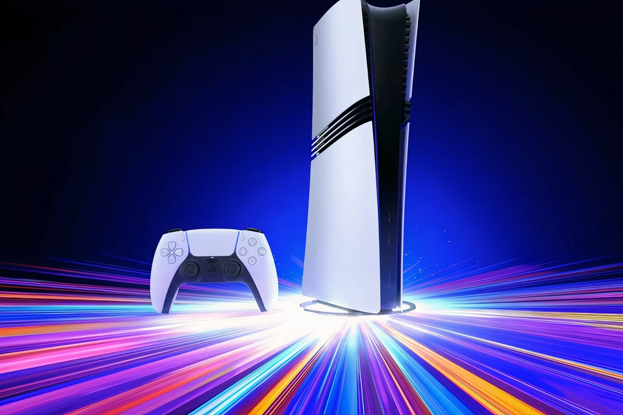 Máy chơi game PlayStation 5 Pro màu trắng nổi bật trên nền xanh với ánh sáng chiếu từ dưới lên