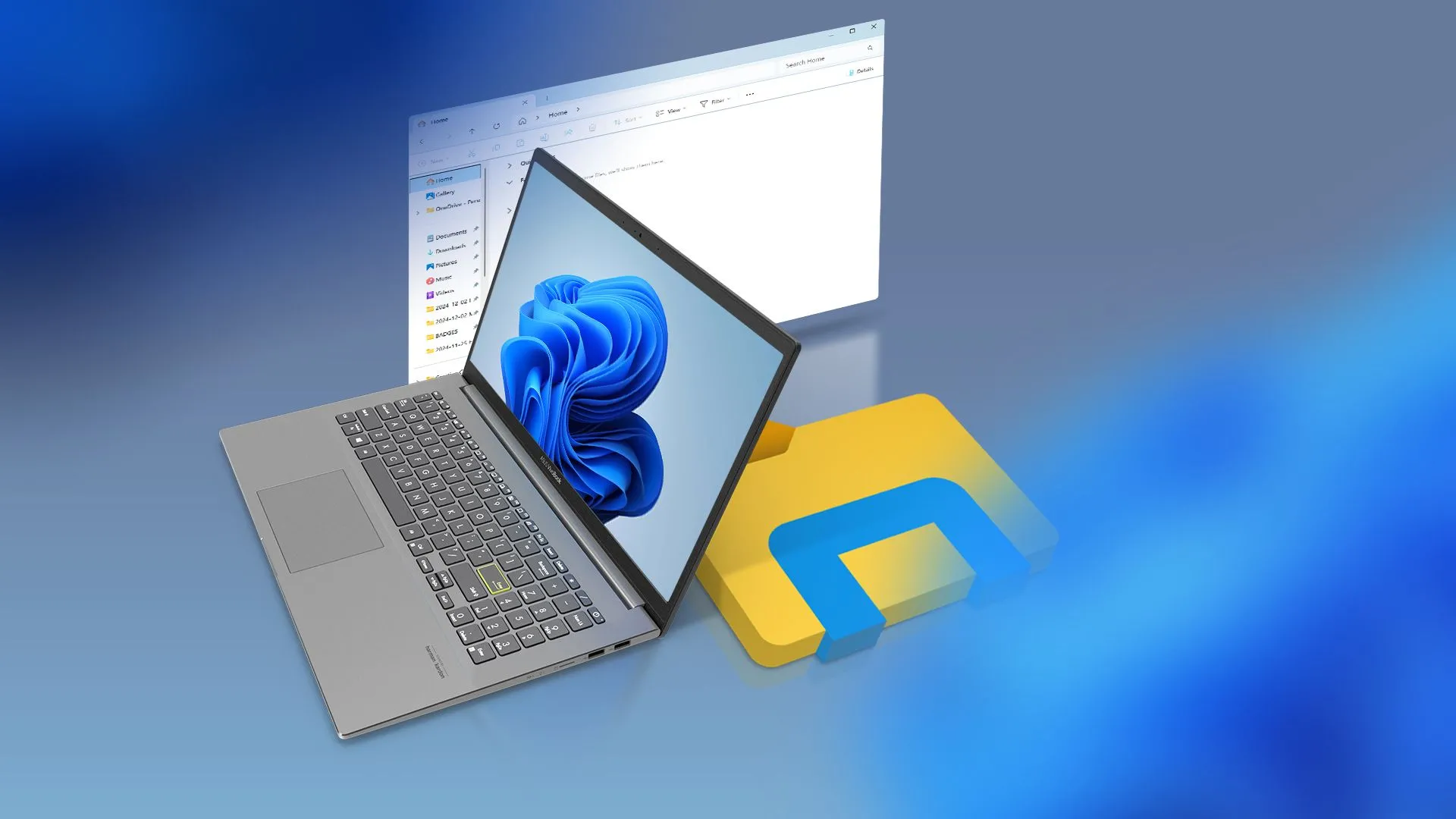 Máy tính xách tay chạy Windows 11 hiển thị biểu tượng File Explorer, minh họa hạn chế truy cập file Linux