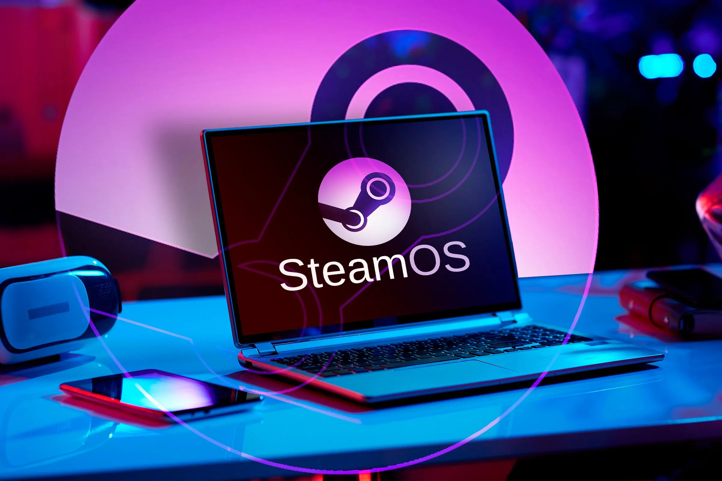 Máy tính xách tay với logo SteamOS trên màn hình