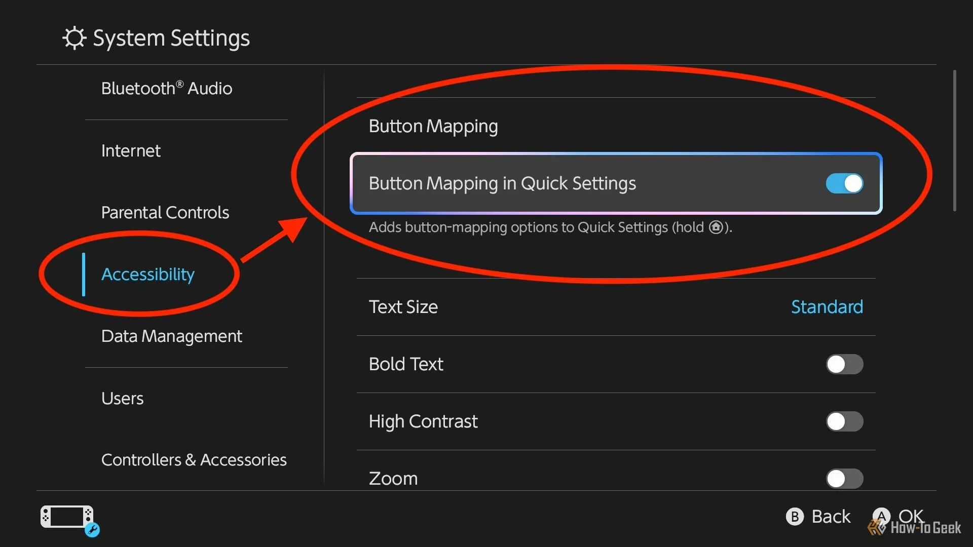 Menu Cài đặt Hệ thống Switch 2 với các tùy chọn Trợ năng và Gán nút được khoanh tròn.