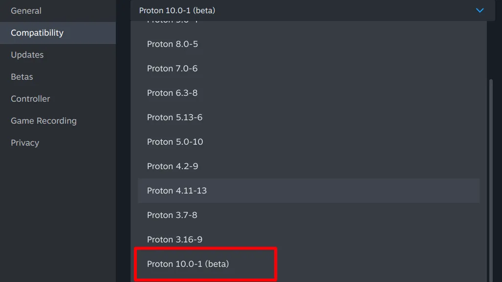 Menu cài đặt tương thích trên Steam hiển thị danh sách các phiên bản Proton, với lựa chọn Proton 10.0-1 (beta) được khoanh đỏ