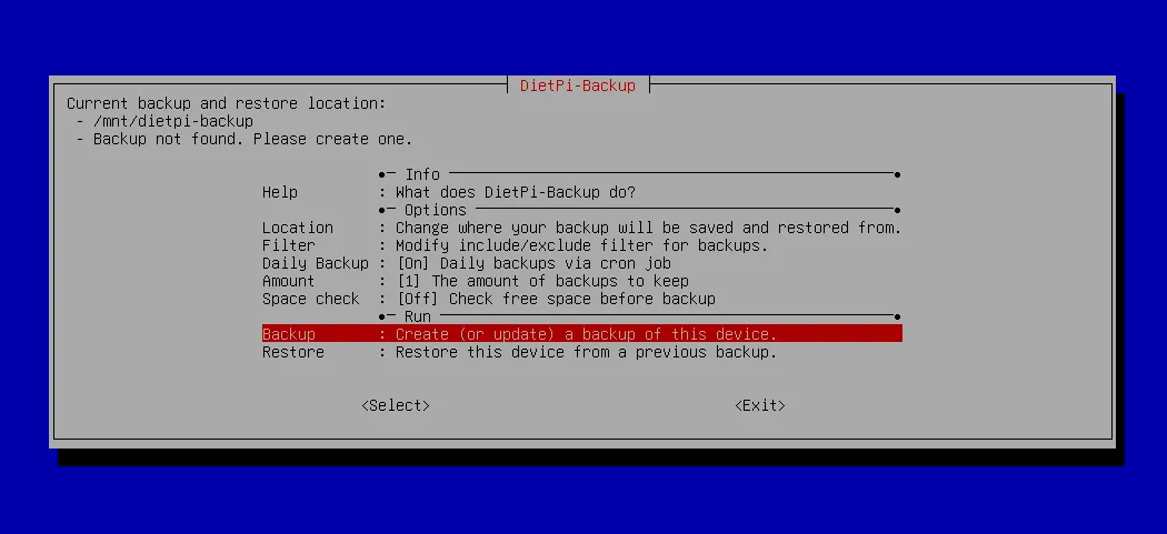 Menu chính của công cụ dietpi-backup, minh họa các tùy chọn tạo, quản lý và lên lịch sao lưu dữ liệu quan trọng trên hệ điều hành DietPi.
