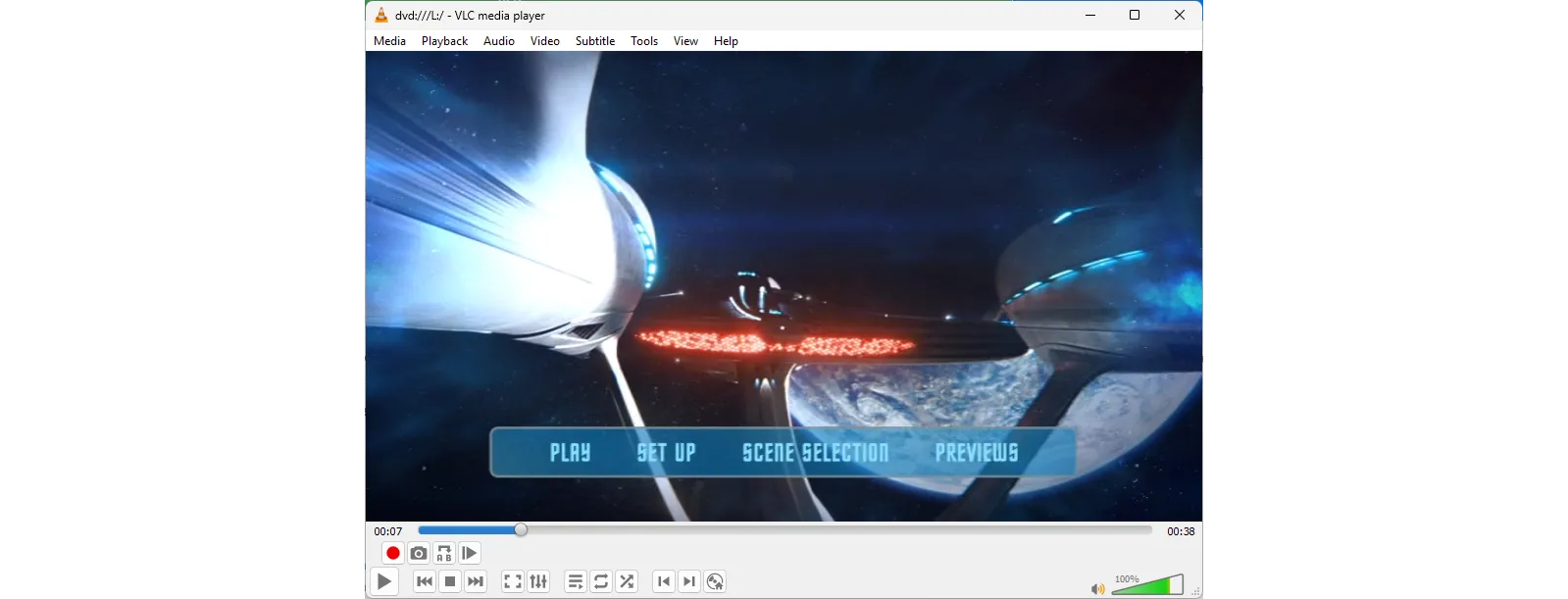 Menu chính của đĩa phim Star Trek Beyond đang hiển thị trong VLC Player