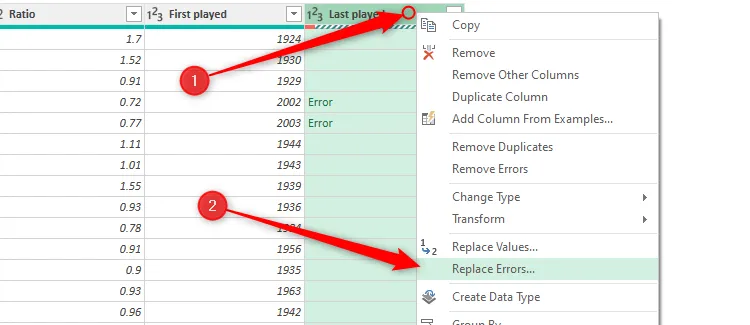 Menu chuột phải của một cột trong Power Query Editor của Excel với tùy chọn &quot;Replace Errors&quot; (Thay thế Lỗi) được chọn, giải pháp xử lý lỗi hiệu quả.