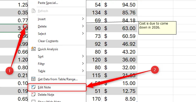 Menu chuột phải được kích hoạt trên một ô trong Excel, với tùy chọn &quot;Edit Note&quot; được chọn để chỉnh sửa ghi chú.