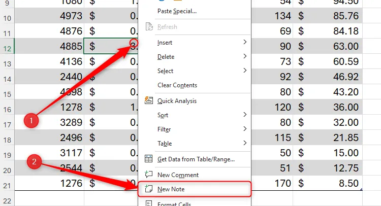 Menu chuột phải được kích hoạt trên một ô trong Excel, với tùy chọn "New Note" được chọn.