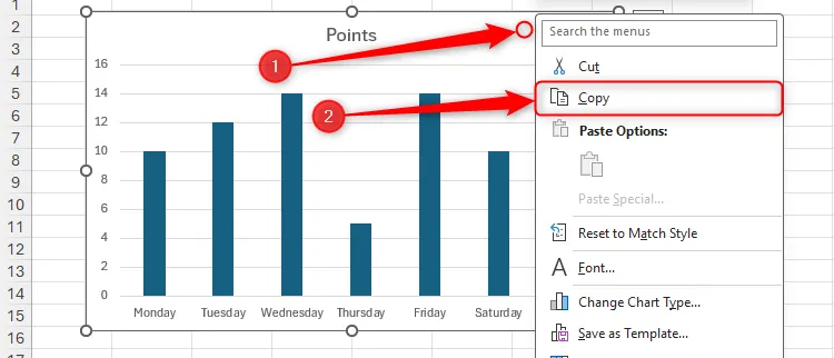 Menu chuột phải trên biểu đồ trong Excel được mở rộng, với tùy chọn Copy được chọn.