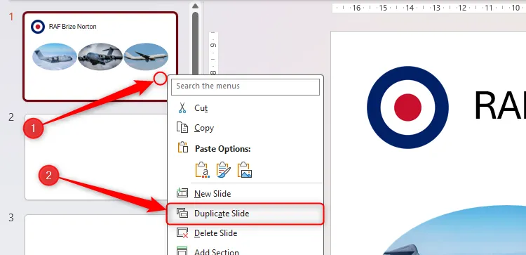 Menu chuột phải trên hình thu nhỏ slide trong PowerPoint, với tùy chọn Duplicate Slide được chọn.