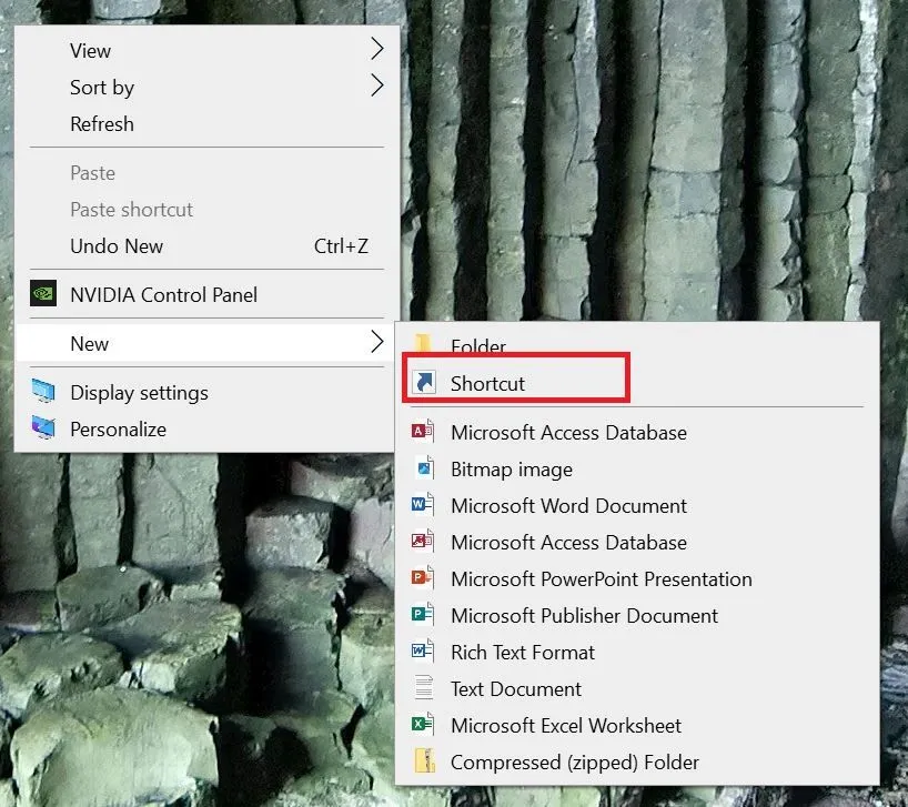 Menu chuột phải trên màn hình Desktop Windows để tạo lối tắt mới