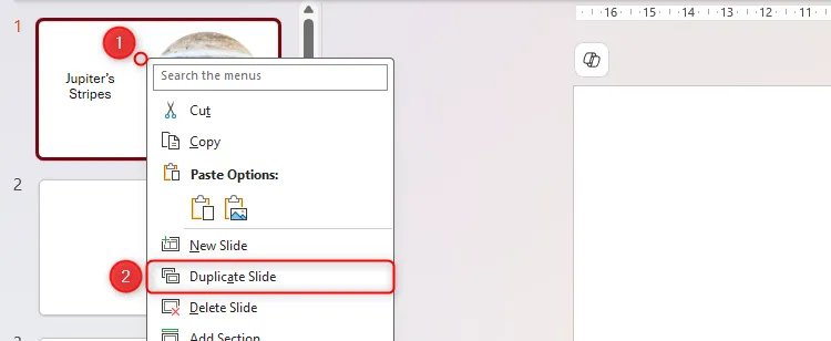 Menu chuột phải trên một slide trong khung hình thu nhỏ của PowerPoint được mở rộng, với tùy chọn Duplicate Slide được chọn.