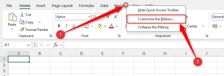 Menu chuột phải trên thanh Ribbon của Excel hiện ra, chọn &quot;Tùy chỉnh Ribbon&quot;.