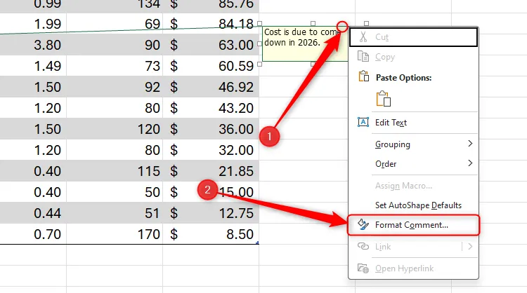 Menu chuột phải xuất hiện khi nhấp vào viền của ghi chú trong Microsoft Excel, với tùy chọn &quot;Format Comment&quot; được chọn.