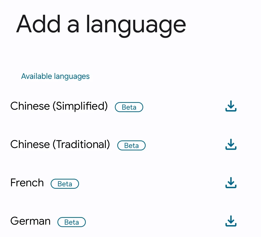 Menu &quot;Ngôn ngữ&quot; cho phép thêm và chọn ngôn ngữ mới cho phụ đề Live Captions trên Samsung.