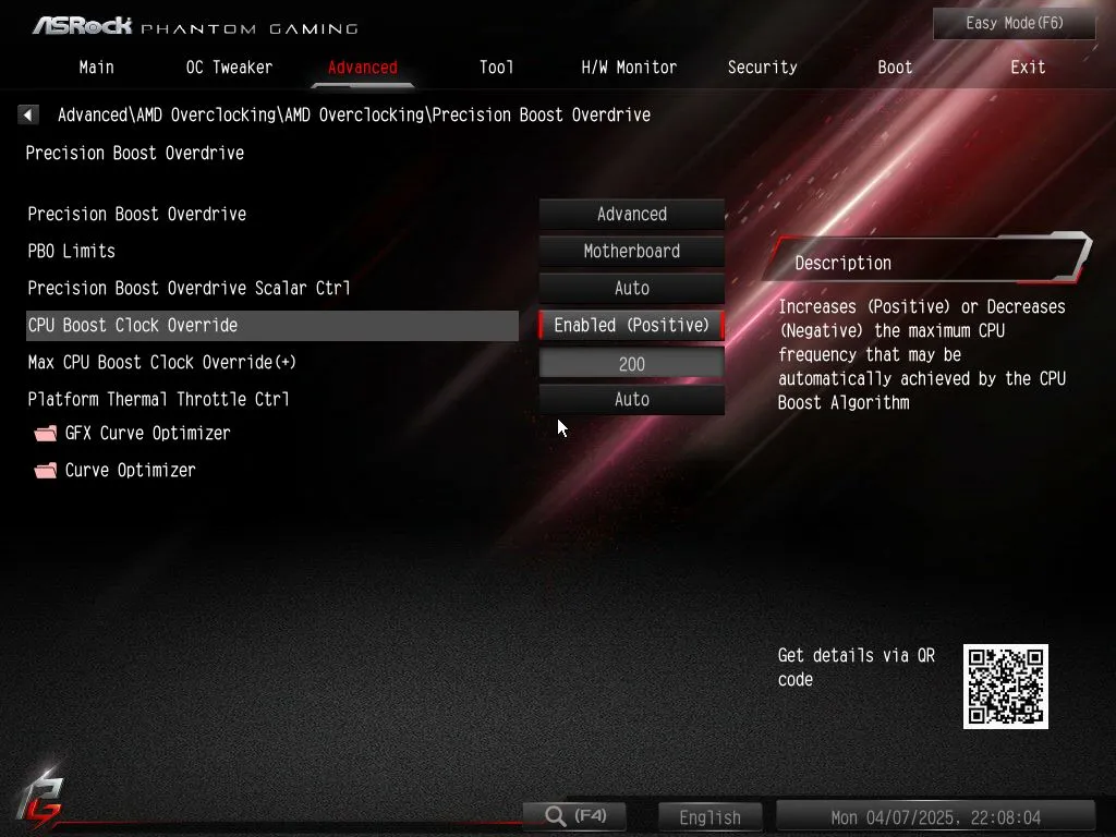 Menu Precision Boost Overdrive trong BIOS của bo mạch chủ ASRock, hiển thị các tùy chỉnh thủ công như tăng xung nhịp, giới hạn công suất và Curve Optimizer để tối ưu hiệu suất.