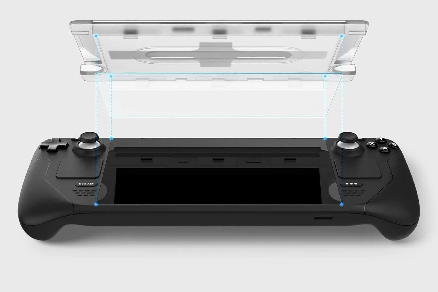 Miếng dán màn hình cường lực Spigen đang được dán lên Steam Deck