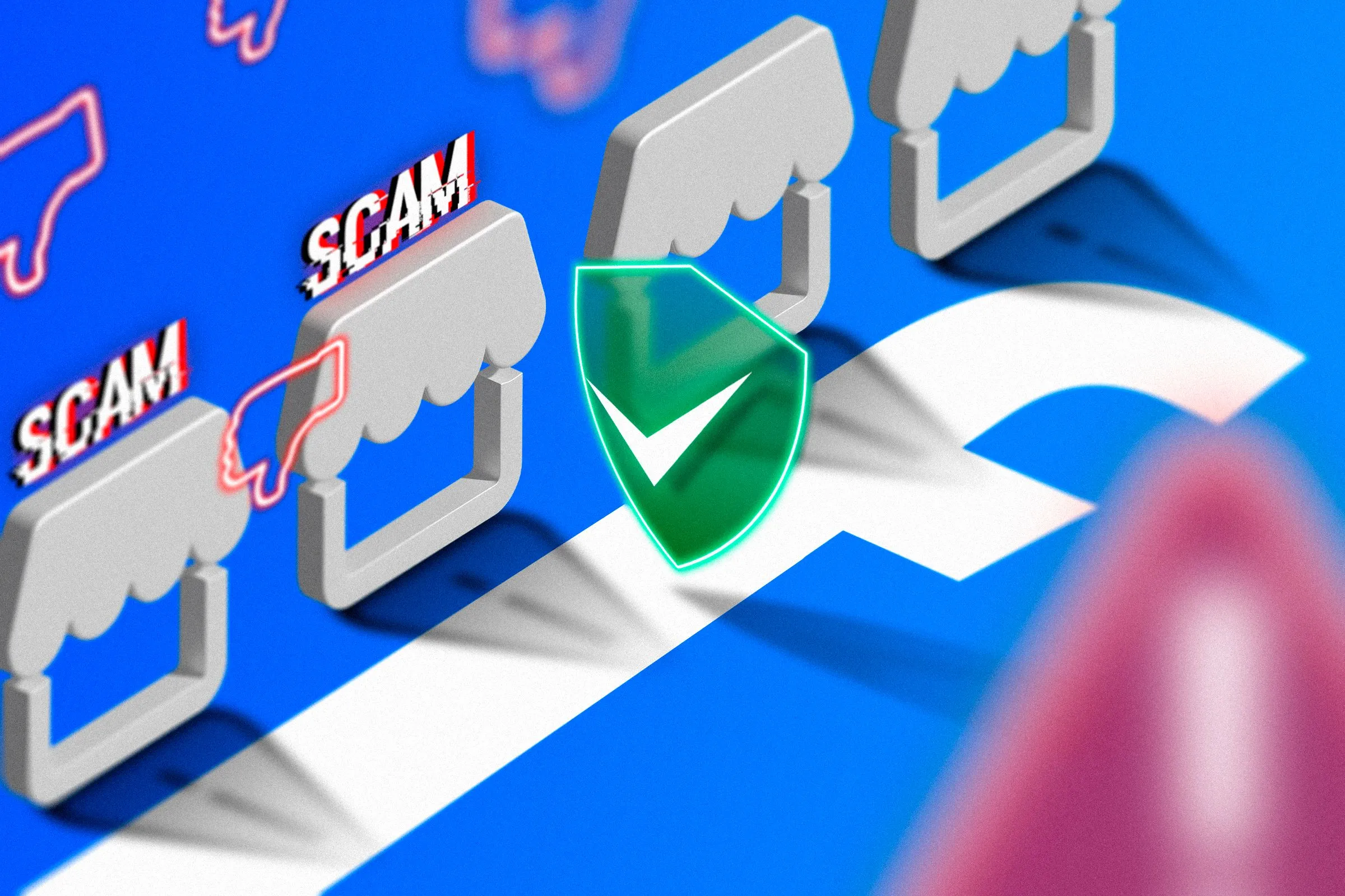 Minh họa các sàn giao dịch trực tuyến như Facebook Marketplace với biểu tượng spam và khóa bảo mật, nhấn mạnh rủi ro khi mua hàng cũ