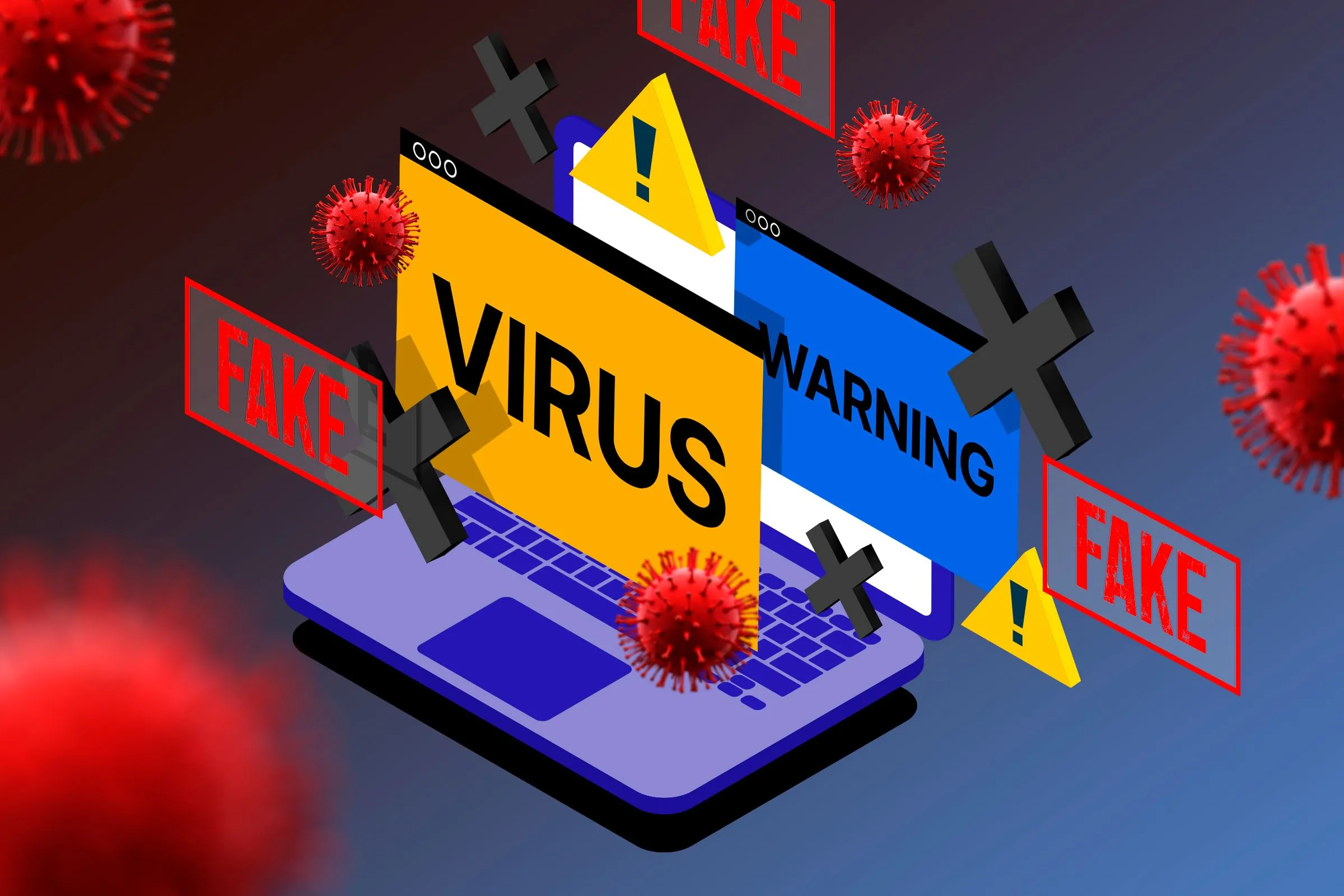 Minh họa laptop hiển thị cảnh báo, biểu tượng nguy hiểm và virus, thể hiện các mối đe dọa không thể chống lại bằng VPN