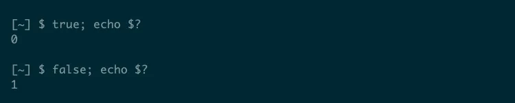 Minh họa lệnh true trả về mã thoát 0 và lệnh false trả về mã thoát 1 trong Linux.