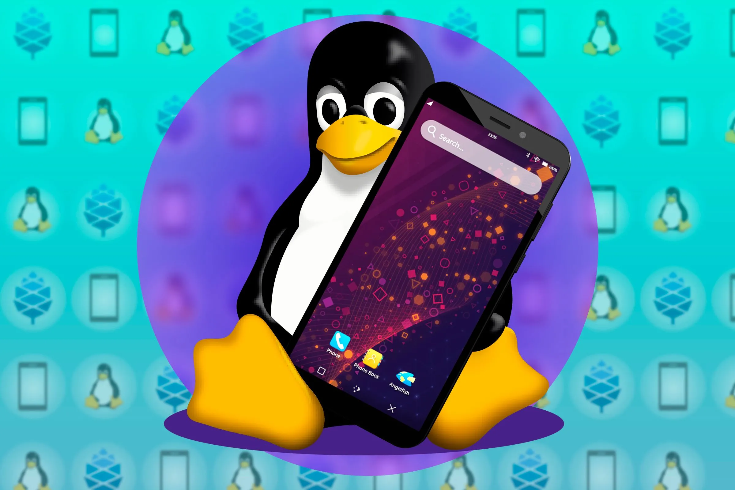 Minh họa linh vật Linux (Tux) cầm điện thoại, đại diện cho phần mềm mã nguồn mở và bảo mật di động