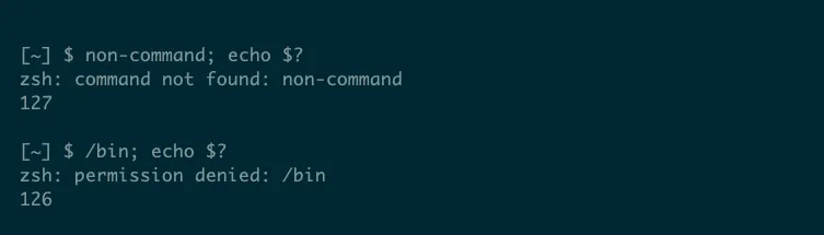 Minh họa mã thoát 127 khi lệnh không tồn tại và 126 khi lệnh không thể thực thi trong shell Linux.