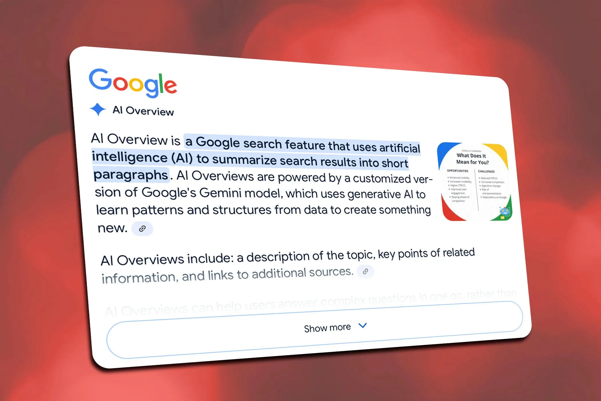 Minh họa tính năng AI Overviews trên Google Search với thông tin tóm tắt và các nguồn liên quan