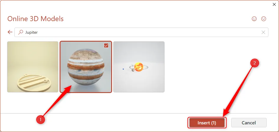 Mô hình 3D của Sao Mộc được chọn trong thư viện mô hình 3D của Microsoft PowerPoint, với nút Insert được tô sáng.