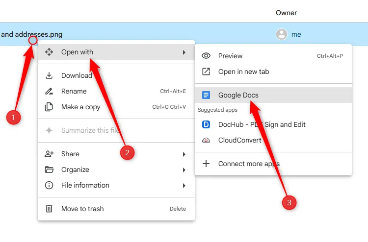 Mở menu chuột phải trên tệp hình ảnh trong Google Drive và chọn 'Mở bằng' &gt; 'Google Tài liệu' để bắt đầu quá trình OCR.